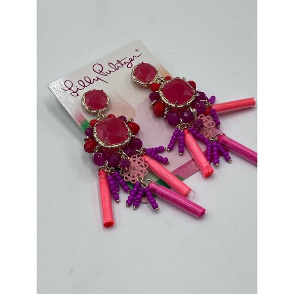 LILLY PULITZER Waterside Earrings Kitschy Coral Pink Crystal Pierced Dangle New - Picture 9 of 10